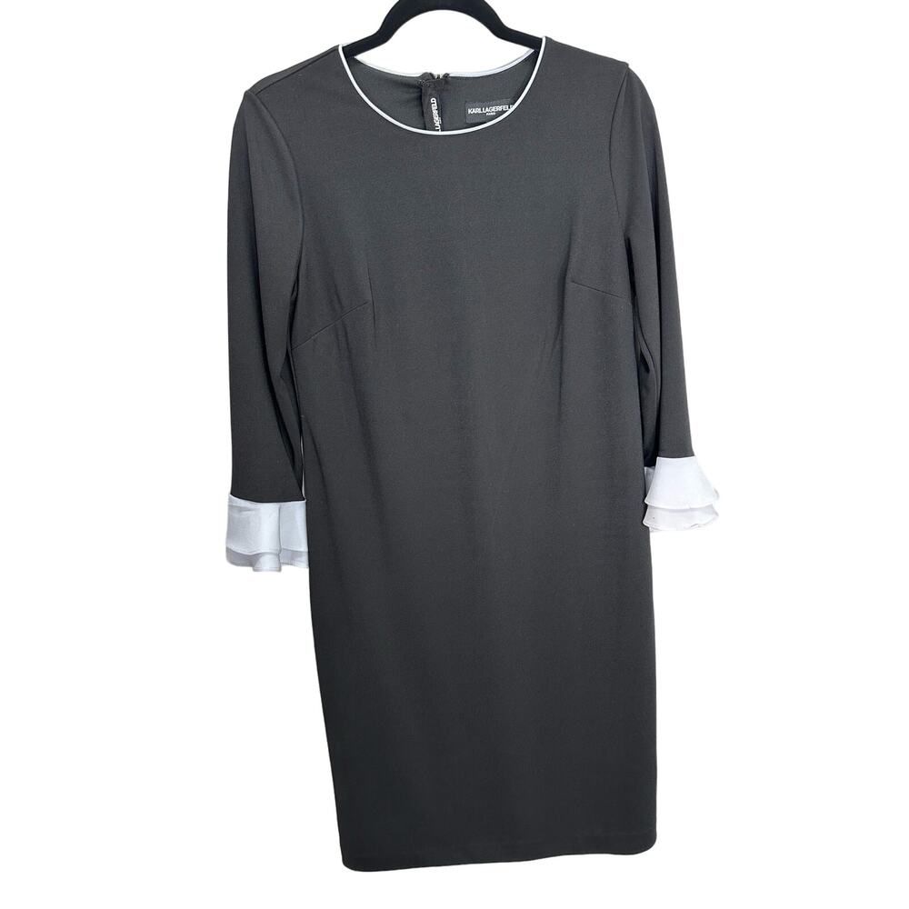 Karl Lagerfeld Paris Classic Black White Ruffle Bell Sleeve Sheath Dress size 6